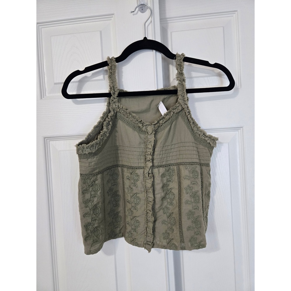 Zara Olive Green Floral Embroidered Ruffle Eyelet Lace Tank Top Boho Girls 13-14